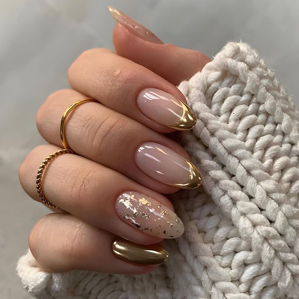Gold Press on Nails French Tip Fake Nails Almond Nails Press on Gold Foil Designs False Nails Glossy Acrylic Nails Full Cover Glue on Nails Almond Shape French Tip Nails for Women Manicure, 24Pcs