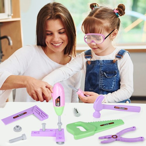 Kids Tool Set with Toy Drill and Tool Box, Pretend Play Construction Tools Toy Gifts for Toddlers Girls Kids Aged 3 4 5 6 7