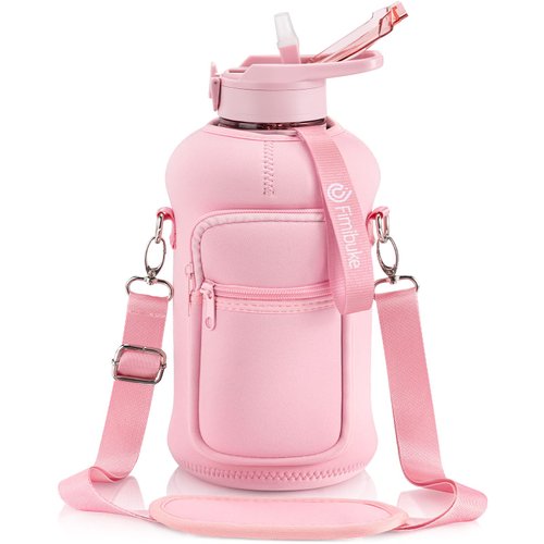 Fimibuke Half Gallon Water Bottle with Sleeve 64 OZ Water Bottle with Handle & Straw Leakproof Motivational Sports Gym Water Bottle with Time Marker BPA Free Water Jug with Neoprene Holder - Rose Pink