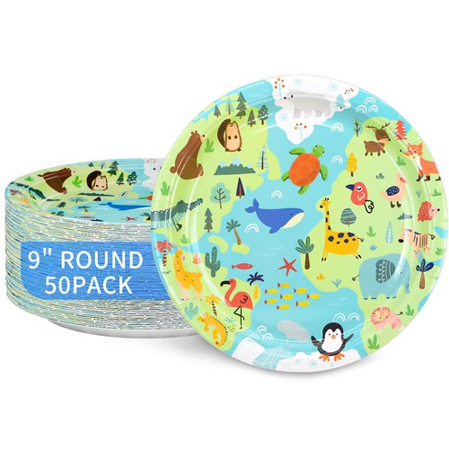 DYLIVeS Animal World Map Paper Dinner Plates, Dessert Plates, Safari Woodland Atlantic Blue Ocean Animals Birthday Party Supplies for Boys Baby Shower Birthday Party Decorations, 9 Inch, 50 Pack