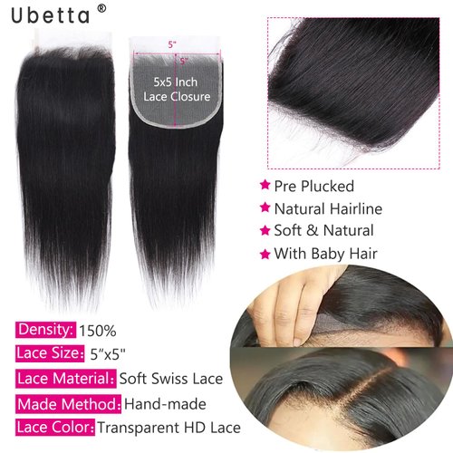 5x5 HD Lace Closure, Ultra-thin Invisible HD Lace Closure Tiny Single Knot Pre-Plucked with Baby Hair 12A Grade Brazilian Virgin Straight Hair Undetectable Melted Lace Closure Human Hair 16 Inch