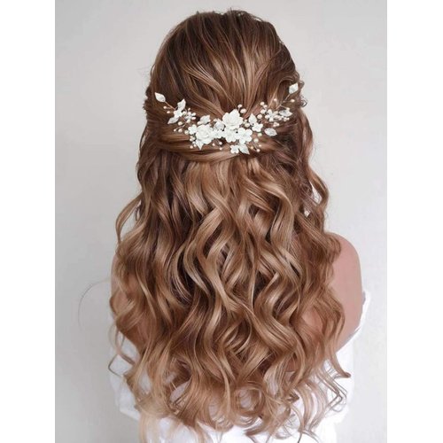 Casdre Flower Bride Wedding Hair Vine Pearl Bridal Headpiece Leaf Hair Accessories Hair Piece for Women and Girls (A Silver)