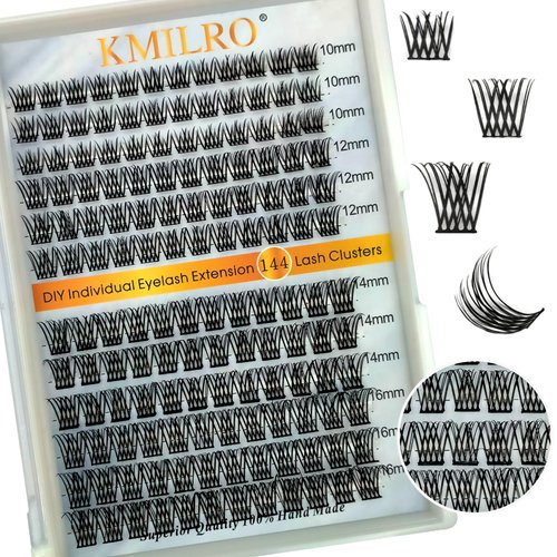 Lash Clusters 144 Pcs Cluster Lashes DIY Eyelash Extensions D Curl 10-16mm Mega Volume Fluffy Individual Lashes Thin Band & Soft Wispy Eyelashes DIY at Home, by Kmilro (Volume, 0.07C-10-16mm Mix)