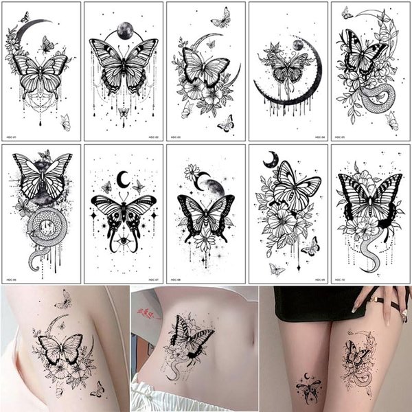Generic 10 Sheets Temporary Tattoo Stickers, Waterproof Black Butterfly Pattern Tattoos Body Art Henna Sticker for Women Girls DIY Body Face Arms Legs (Model C)