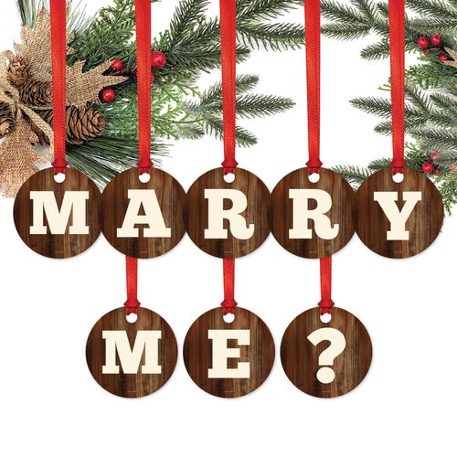 Andaz Press Wedding Proposal Engagement Metal Christmas Ornaments, Marry Me?, Rustic Wood, 1-Pack, includes Ribbon and Gift Bag