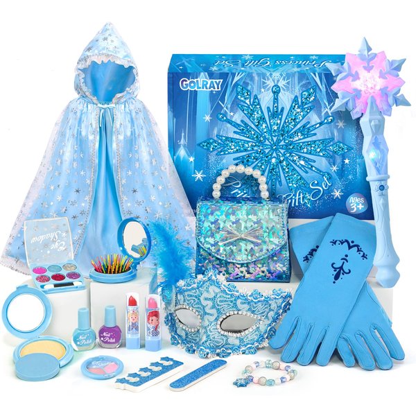 Golray Frozen Toys for Girl Gift Kids Makeup Kit & Elsa Princess Dress Up Set, Purse & Cape & Real Make up & Nail Polish & Wand, Birthday Gift Toys for Little Girls Toddlers Age 3 4 5 6 7 8 Year Old