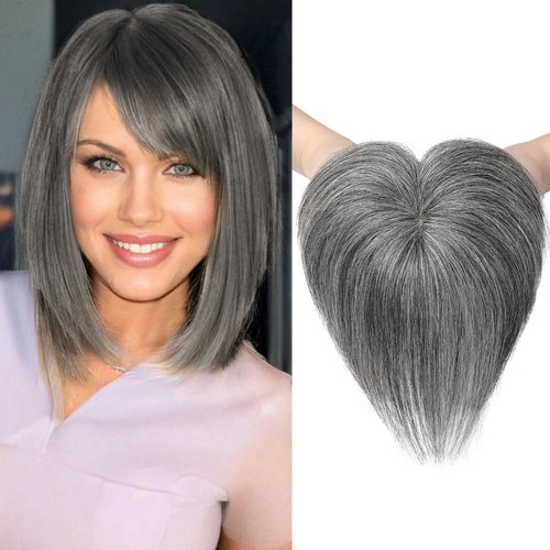 REECHO Human Hair Toppers, 6 Inch Hair Toppers for Thin Hair, Topper Hair Pieces with Bangs Real Human Hair, Clip In Wig Hair Topper Top Hair Extensions - Grey/Black Mixed