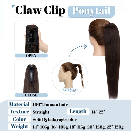 SEGO Claw Clip Ponytail Extension Human Hair Clip in Ponytail Hair Extensions Real Human Hair Pony Tails Hair Extensions Long Straight For Women 14 Inch Dark Brown 105 Gram