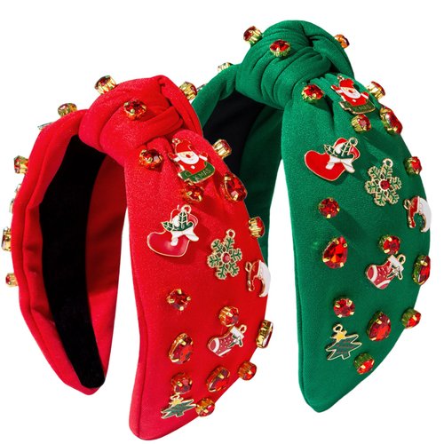 Kovewon 2 Pcs Christmas knotted Headbands for Women Girls Red Green Pearl Rhinestone Headband with Xmas Tree Santa Accessories Winter Christmas Holiday Gifts for Women