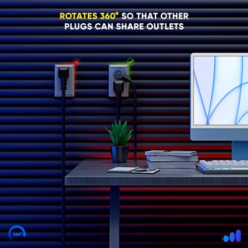 Maximm Cable 25 Feet 360° Rotating Flat Plug Extension Cord/Wire, 3 Prong Grounded Wire 16 Awg Power Cord - Black UL Certified