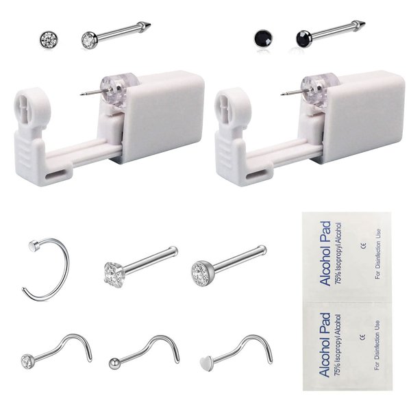 2 Pack Self Nose Piercing Gun Self Nose Piercing Gun Kit Safety Nose Piercing Gun Kit Tool with Nose stud (White)