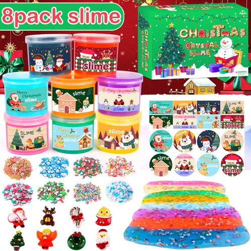 8 Pack Christmas Slime Kit,Funny Jelly Cube Crunchy Slime,Soft & Stretchy,Birthday Gifts for Kids,Christmas Stocking Stuffers,Christmas Party Favors for Girls and Boys