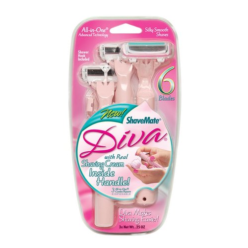 ShaveMate Diva 6 For Women Three Pack of Razors with Real Shaving Cream in the Handle