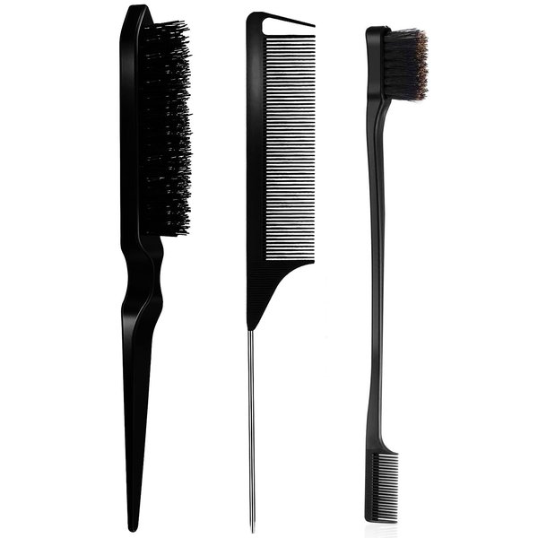 3 Pieces Teasing and Styling Brush Set: Hair Brush with 3 Rows, Dual Edge Brush, and Sturdy Parting Comb for Brushing, Combing, and Slicking Hair (Black)