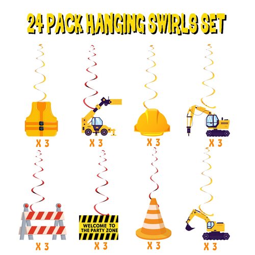 24 Set Construction Hanging Swirls Construction Birthday Party Decorations for Kids Boys Baby Shower Construction Zone Vehicle Truck Party Supplies