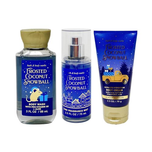 Bath & Body Frosted Coconut Snowball - Mini Gift Set - Fine Fragrance Mist, Body Cream, and Body Wash in Festive Gift Box