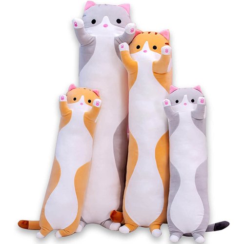 Cute Cat Plush Long Body Pillow Cuddle Cartoon Stuffed Animals Cat Plushie Soft Doll Pillows Gifts for Kids Girls (Gray, 19 Inches), 1 Count (Pack of 1)