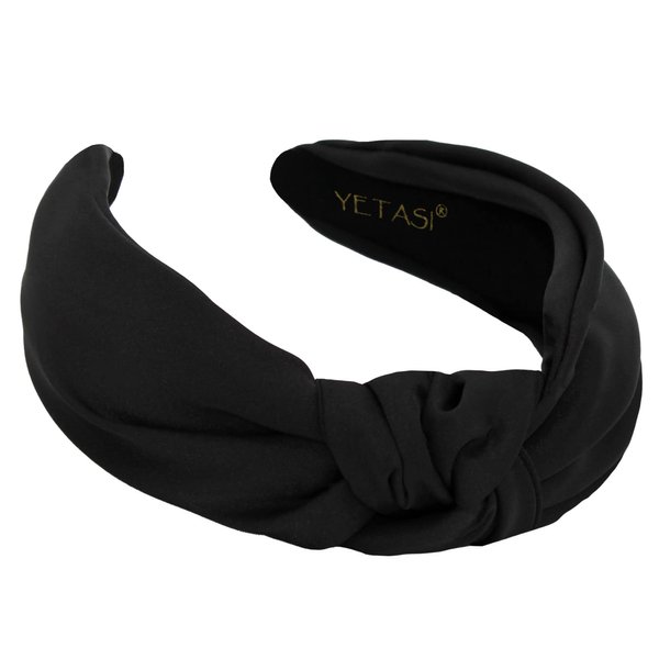 YETASI Black Satin Headbands for Women,Elegant, Chic and Comfortable Knotted Headband made of Non-Slip Silk Quality Satin Fabric, Adjustable Knot Head band