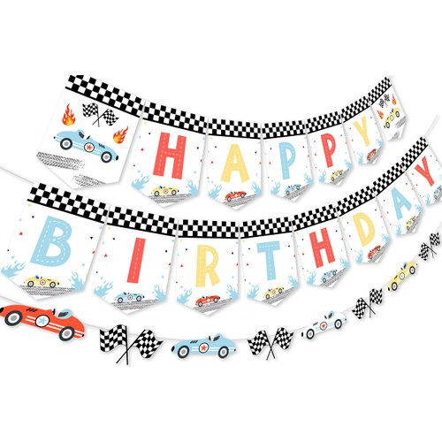 Vintage Race Car Birthday Decorations - Happy Birthday Banner, Racing Car Garland, Retro Race Car...