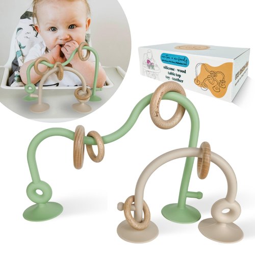 Eco Mama Shop: Silicone and Wood Table Top Toy and Teether, Montessori Educational Toys for Infant Toddlers, High Chair Toys with Suction Cups, Silicone Teething Toys for Babies (Olive and Beige)