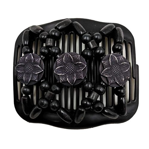 LOVEF Women Magic Hair Combs Wood Beaded Stretch Double Side Combs Clips Bun Maker Hair Accessories (Round Black)