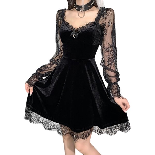 Goth Women Gothic Black Dress Dark V Neck Grunge Sexy Dress Aesthetic Autumn Vintage Long Sleeve Harajuku Mini Dress