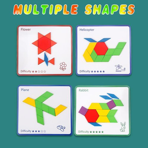 155 Pcs Wooden Pattern Blocks Christmas Stocking Stuffers Kids Toddlers, Math Games Shapes Blocks Homeschool Supplies with Cards Tangram Puzzles Montessori Educational Learning Toys for Kids Ages 4-8