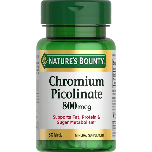 Nature's Bounty Chromium Picolinate, Supports Fat, Protein & Sugar Metabolism, Mineral Supplement, 800 mcg, 50 Tablets