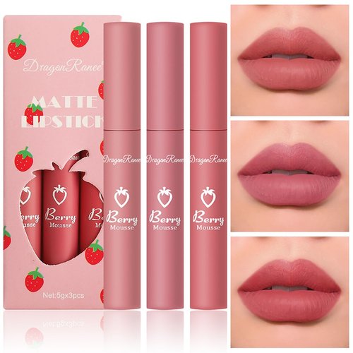 Tiejdhr 3Pcs Nude Matte Lip Lipstick, Velvet Smooth Crayon Lip Stain, Nude Lip Tint Long Lasting & Nourishing Lip Gloss Non-stick Cup Lipstick for Women Makeup (Set C, F)