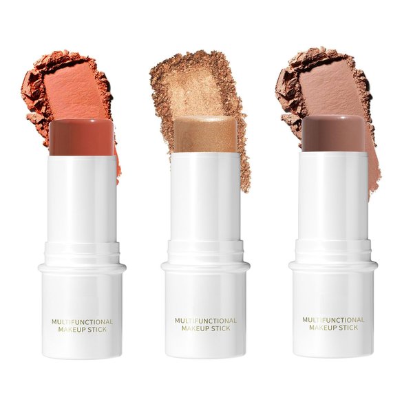 3 Pcs Cream Contour Sticks, Shades with Highlighter & Blush & Cream Bronzer stick, Waterproof and Long-lasting Face Cosmetics, Makeup Sticks for All Skin