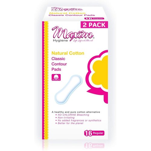 Maxim Natural Cotton Maxi Pads, Thicker More Absorbent, 32ct, No Chlorine/Dioxin/SAP, Biodegradable Daytime Maxi Pad for Women, Breathable, Hypoallergenic, Classic Contour Sanitary Pad, 2 Packs of 16