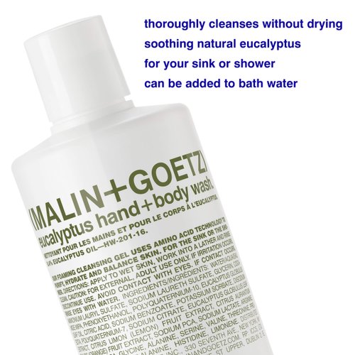 Malin + Goetz Eucalyptus Hand + Body Wash natural cleansing, purifying, hydrating hand & body wash. all skin types, dry, irritated, sensitive. No stripping/irritation. Cruelty-free & vegan 16 Fl oz