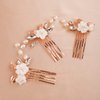BERYUAN Wedding White Flower Rose Gold Leaf Pearls Crystal Rhinestone Hair Comb Pearls Teardrop Rhinestone Hair Piece Bride Headband for Bridal Women and Girls(3PCS) (rose gold)