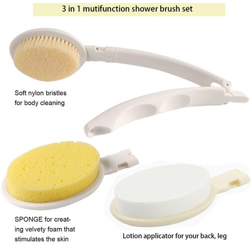 LFJ 3 in 1 Shower Brush Sponge Set for Shower, 19" Long Handle Body Brush, Bath Sponge and Lotion Applicator Gentle Exfoliation and Improved Skin Health, Suitable for Men and Women
