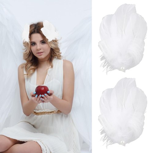 2PCS Feather Hair Clips Swan for Women Girls, 6.3" White Pearl Ostrich Feather Hair Clip White Feather Hairpins Barrette Accessories Headpieces for Wedding Bridal Shower Birthday Stage Performance