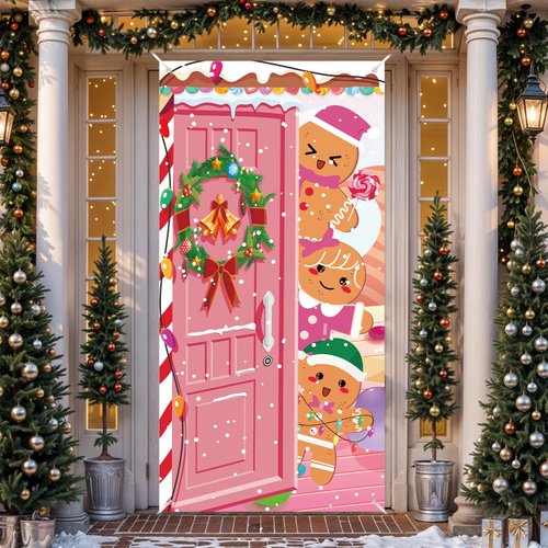 Pink Christmas Door Cover Gingerbread Door Banner Decorations Gingerbread Man Christmas Wreath Fr...