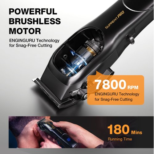 SUPRENT PRO Hair Clippers for Men Professional - High Torque Brushless Motor with Diamond-Like Carbon Coating Ceramic Blade, Mens Cordless Hair Clippers Set for Barbers with Charging Base (Black)