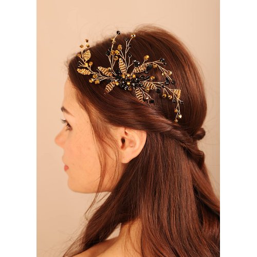 Kercisbeauty Boho Black Crystal Hair Comb for Wedding Brides Bridesmaid Gold Beads Hair Piece for Women and Girls