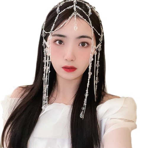 Wiwpar Boho Crystal Long Chain Tassel Headpiece Layered Tassel Hair Chain Sparkle Rhinestone Forehead Headband Wedding Headpiece Festival Costume Hair Accessories for women Girls