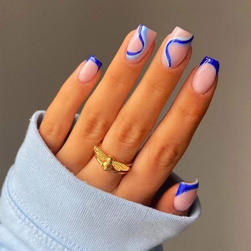YoYoee Short Square Press on Nails French False Nails Acrylic Full Cover Glossy Fake Nails Blue Swirl Tips for Women and Girls 24PCS