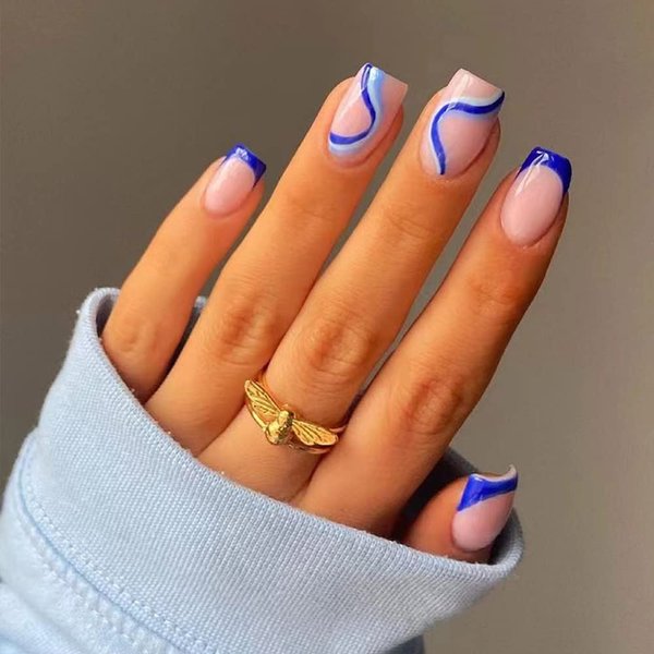YoYoee Short Square Press on Nails French False Nails Acrylic Full Cover Glossy Fake Nails Blue Swirl Tips for Women and Girls 24PCS