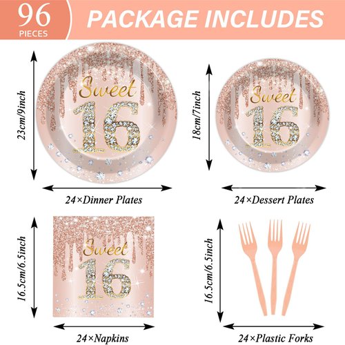 96PCS Rose Gold Sweet 16th Birthday Party Plates and Napkins Sixteenth Birthday Party Decorations 16th Birthday Party Disposable Tableware Set Serves 24 Guests Girls Ladies Birthday Party Supplies