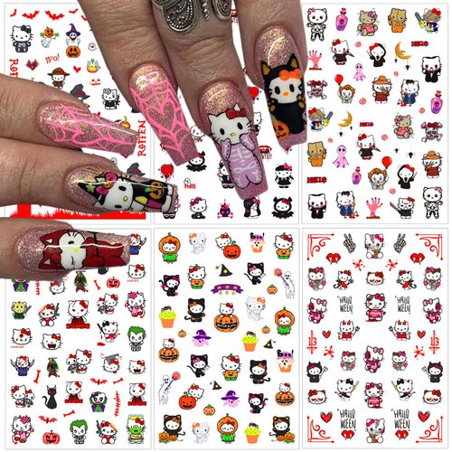 Halloween Nail Art Stickers Cute Nail Decals 3D Self-Adhesive Blood Bat Ghost Pumpkin Nail Supplies Design Kawaii Cartoon Nail Decals Decoration Accessories for Women Girls Acrylic Nails DIY 6 Sheets