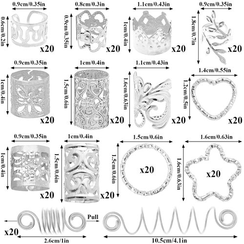 Fscwlmon 260 Pcs Hair Jewelry for Braids,Hair Beads Accessories for Dreadlock,Metal Hair Clips Cuffs Rings,Loc Rave Hair Charm Decorations Adjustable Kits for Men Women Silver