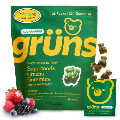 Gruns Adult Sugar-Free Super Greens Gummies, Superfood Gummy Bears with Spirulina, Chlorella, Fiber & Prebiotics for Digestive Health, Adaptogens Supplement with 20 Vitamins & Minerals - 28 Day Supply