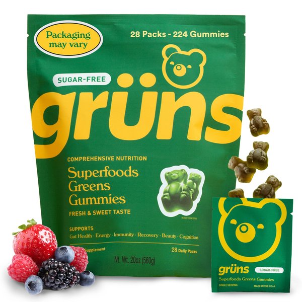 Gruns Adult Sugar-Free Super Greens Gummies, Superfood Gummy Bears with Spirulina, Chlorella, Fiber & Prebiotics for Digestive Health, Adaptogens Supplement with 20 Vitamins & Minerals - 28 Day Supply