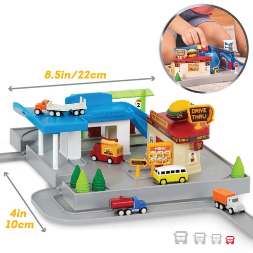 Driven by Battat – 25pc Drive-Thru Playset – Mini Car Track Set – Food Truck, School Bus, Pick-up, Camper Van & More – Gift Car Toys for 3 Year Old+ – Various Driving Routes