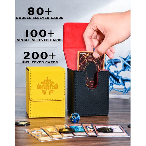UAONO Card Deck Box for Yugioh MTG Cards, 100+ Deck Case with 2 Dividers Fits TCG CCG, PU Leather Card Storage Box Compatible with Collectible Trading Cards (Black&Red, Sky Dragon)