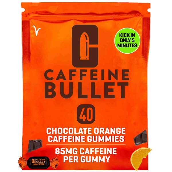 Caffeine Bullet 40 Chocolate Caffeine Chews. Each 85mg Caffeine - Chocolate Orange Energy Gummies: Kick Faster Than Energy gels for a Cycling, Endurance Sports & Stay Awake Chocolate Boost