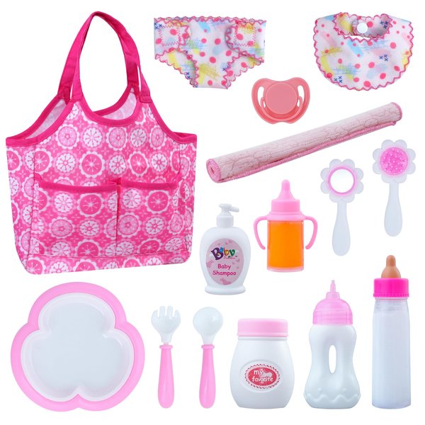 BABESIDE Baby Doll Bottles and Accessories 15 Pcs Baby Doll Feeding Set Including Diaper Bag, Magic Bottles, Changing Mat for 12-15 Inches Dolls Kids Pretend Play Bath Toy Set